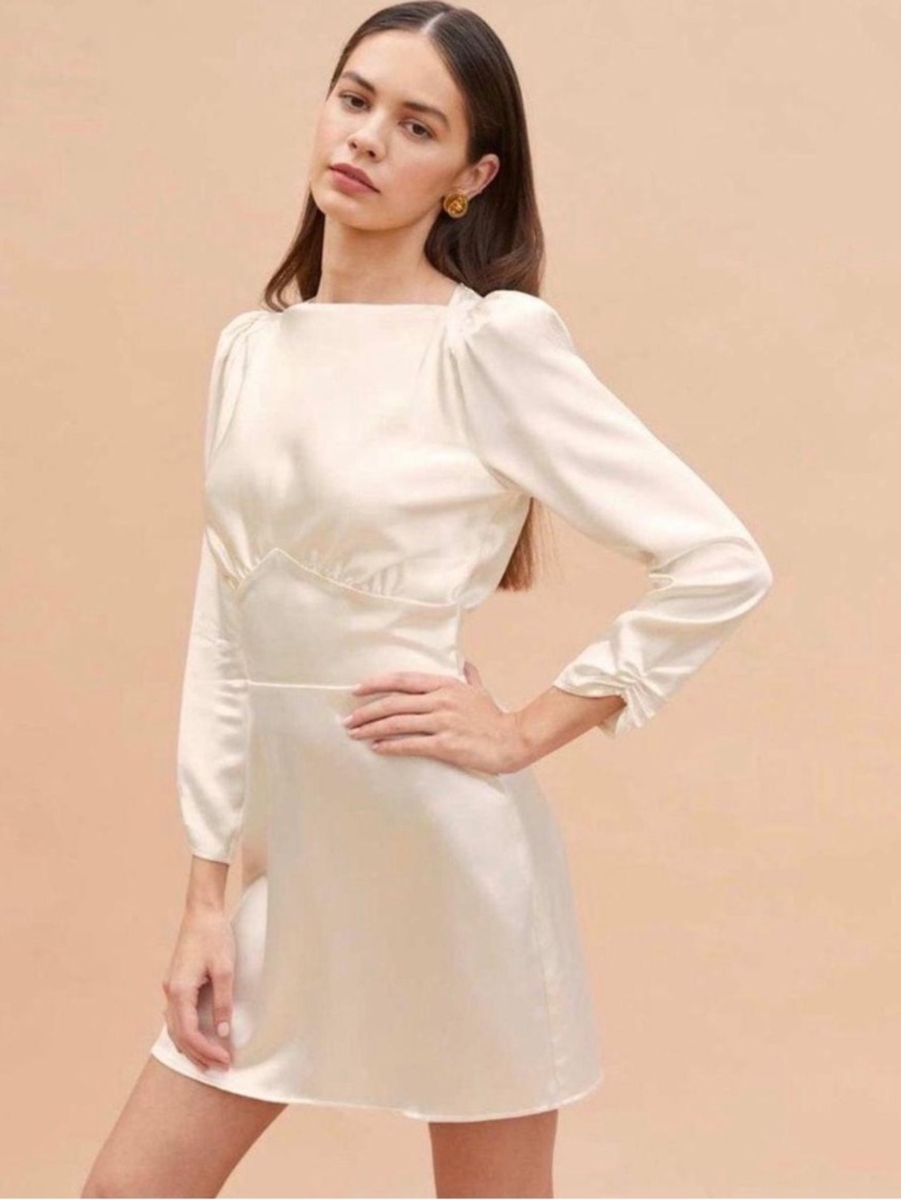 Reformation Rudi Cream Silk Long-Sleeve Mini Dress